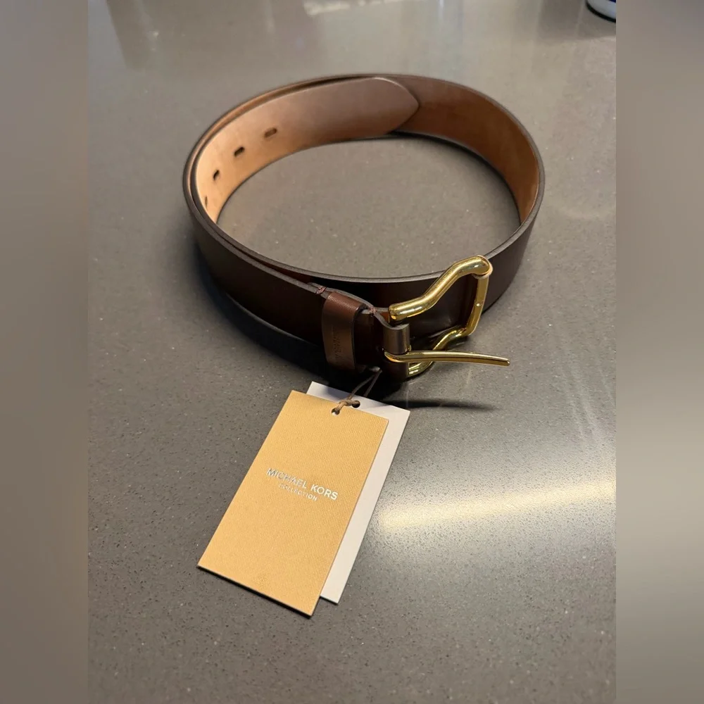 Michael Kors Collection Dark‎ Brown Leather Belt with Gold Buckle Small NEW